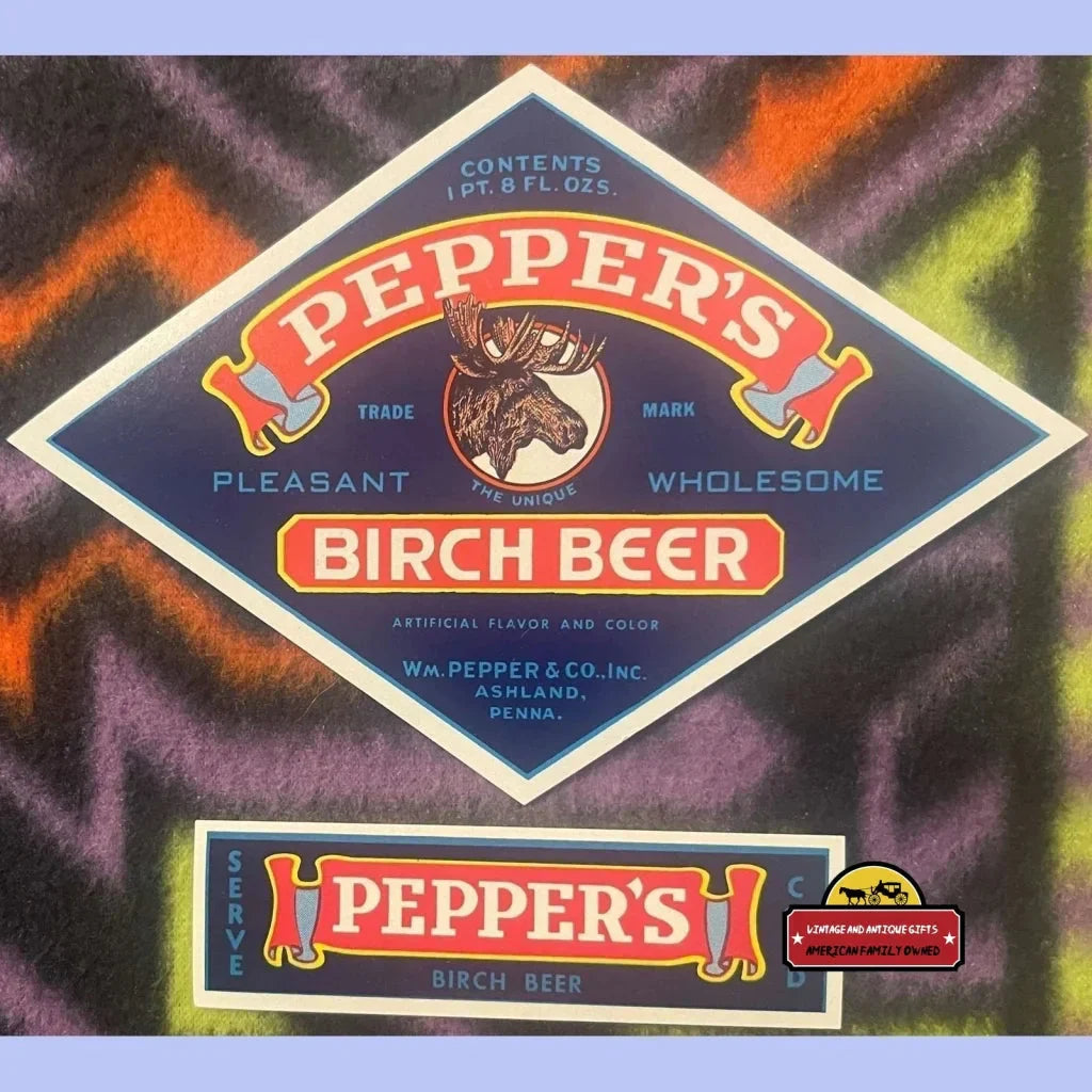 Vintage 1940s Pepper's Birch Beer Bottle Labels 🫙 Wm. Pepper & Co. Ashland PA Navy Blue Diamond