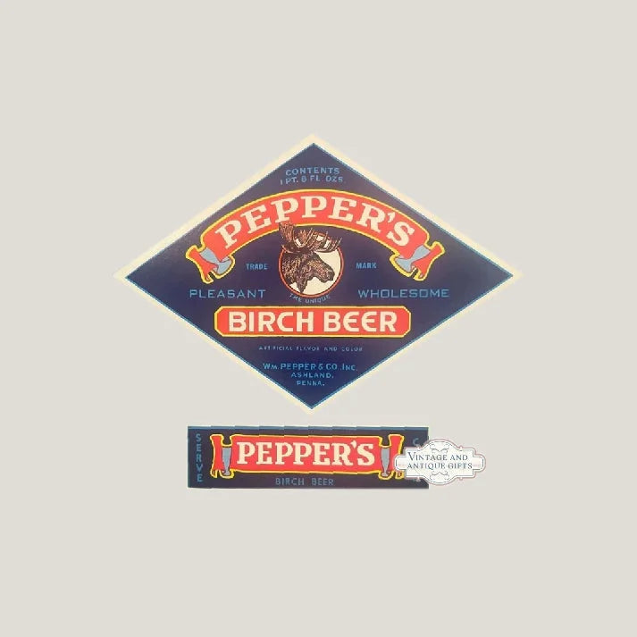 Vintage 1940s Pepper's Birch Beer Bottle Labels 🫙 Wm. Pepper & Co. Ashland PA Navy Blue Diamond